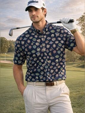 Bayou Men’s Golf Crest Print Button Down Shirt Cotton Golfcore Preppy Y2K Sz L